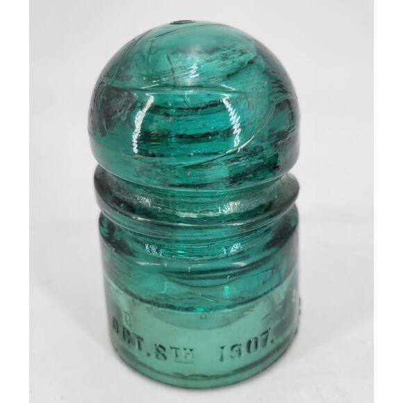 Brookfield CD 147 Spiral Groove Green Aqua Glass Insulator with Peg - Picture 1 of 10
